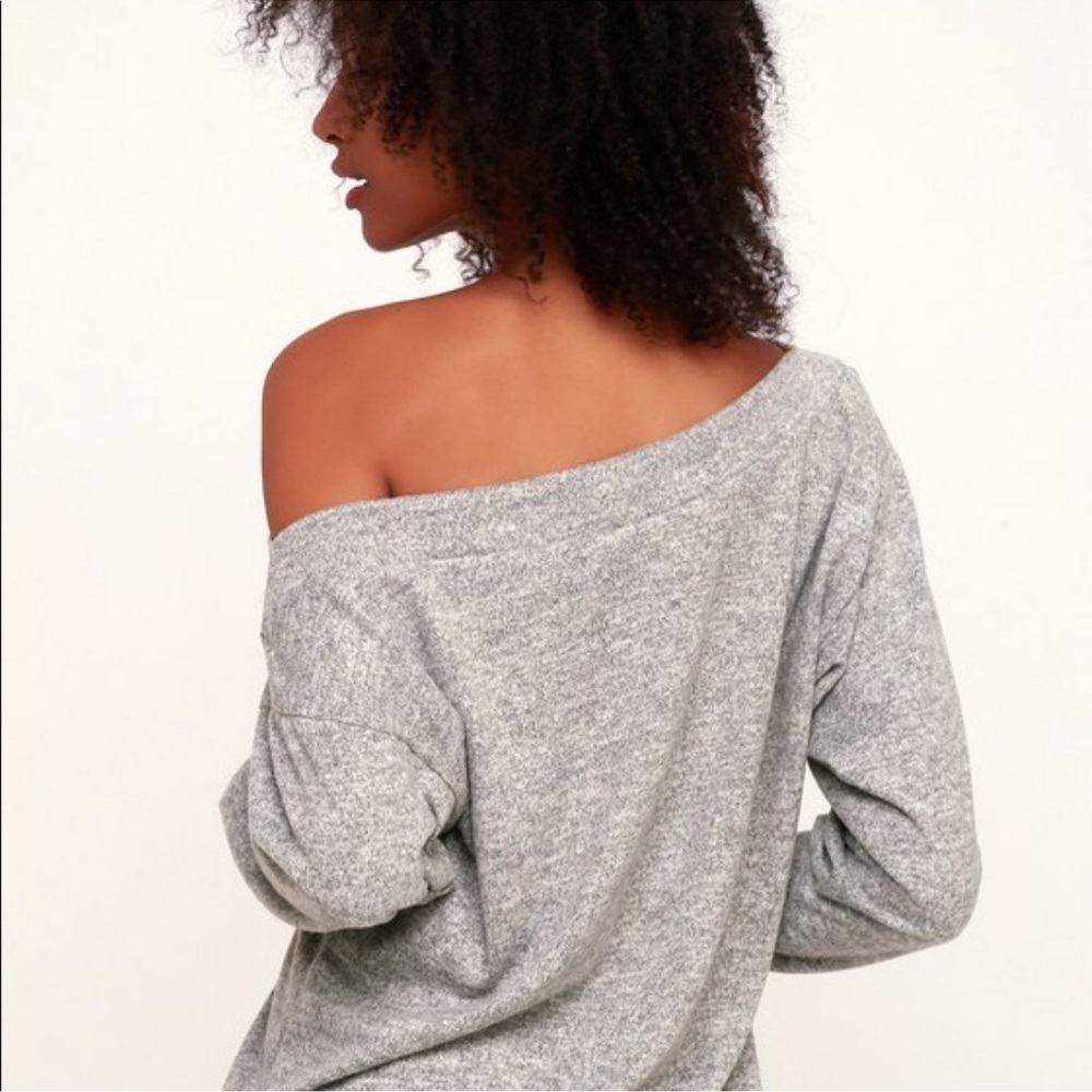 Lulus Cozy Days Heather Gray Asymmetrical Off the Shoulder Fleece Top size Small - Picture 6 of 7